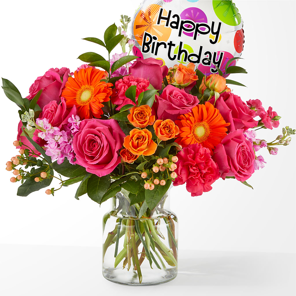 Fiesta Bouquet with Birthday Balloon – Laurie Clark Designs, Thamesville ON