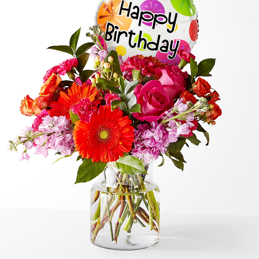 Fiesta Bouquet with Birthday Balloon – Laurie Clark Designs, Thamesville ON