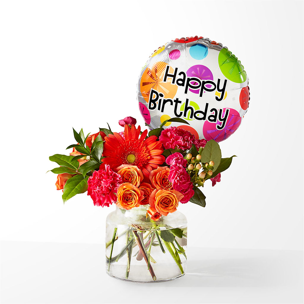 Fiesta Bouquet with Birthday Balloon – Laurie Clark Designs, Thamesville ON