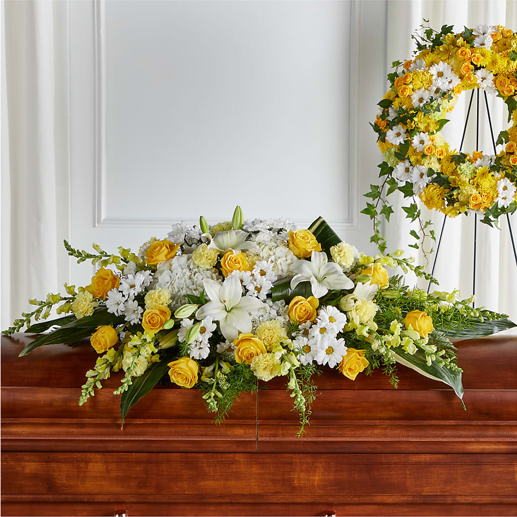 Golden Harmony Casket Spray – Laurie Clark Designs, Thamesville ON