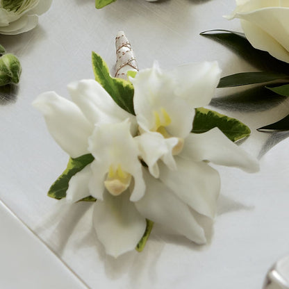 White Mini Cymbidium Boutonniere –  Laurie Clark Designs, Thamesville ON